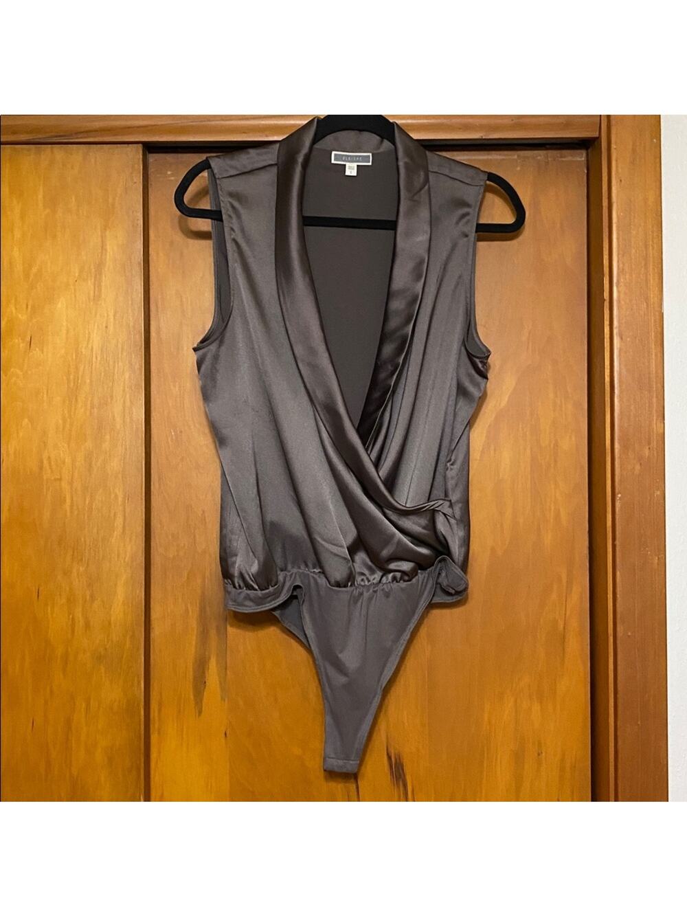 Pleione Satin Sleeveless Bodysuit in Taupe Open Front Deep V Sexy Vixen Classy - Picture 1 of 4